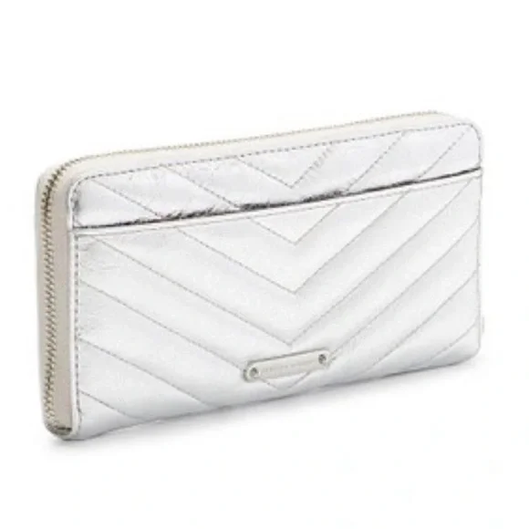 Rebecca Minkoff silver metallic zip crackled leather quilted puffer wallet - Picture 3 of 15